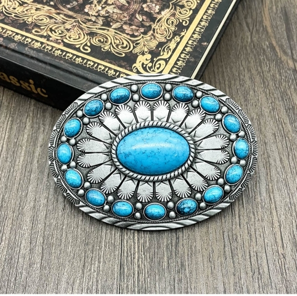 Turquoise Blue Color Accented Western Belt Buckle Silver or gold main image 9